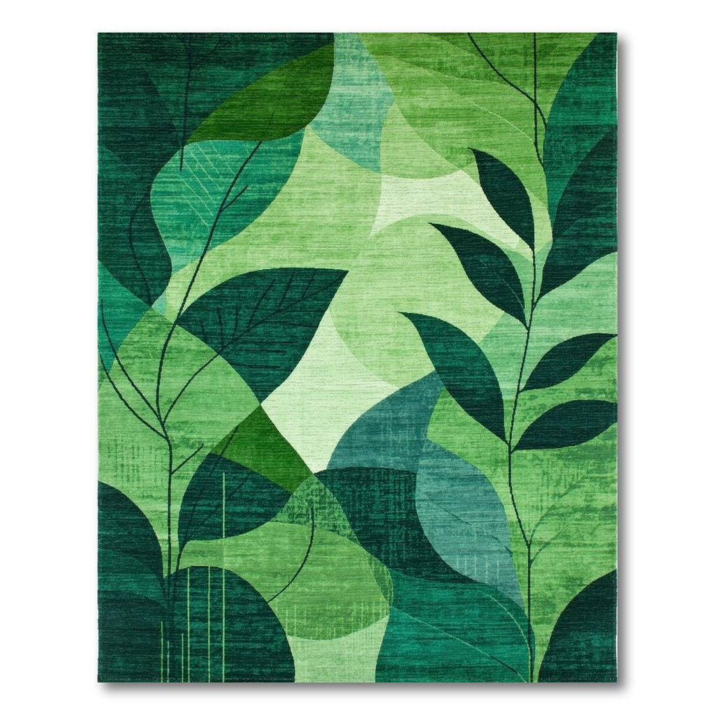 Vibrant Green Leaf Pattern Calming Rug