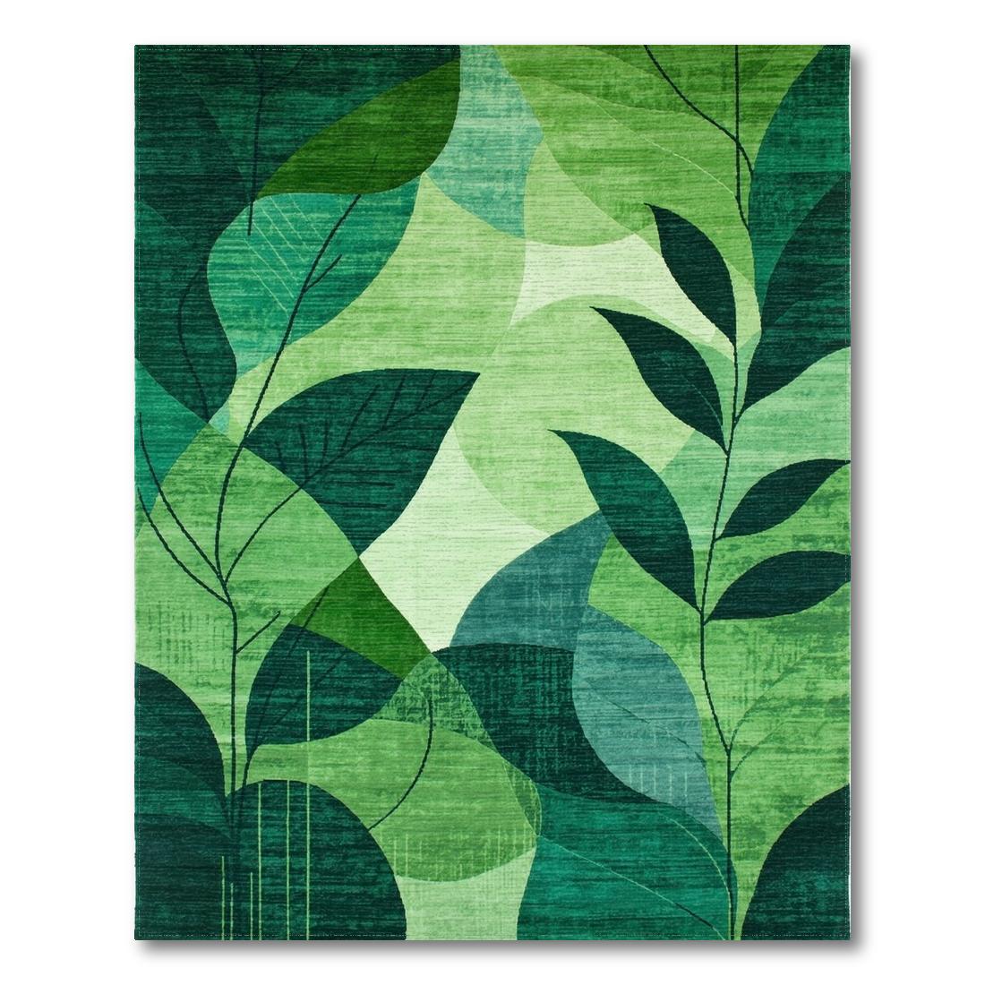 Vibrant Green Leaf Pattern Calming Rug