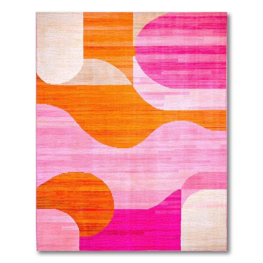 Vibrant orange-pink curved abstract rug