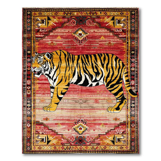 Vibrant Red Tiger Tribal Rug(Red)