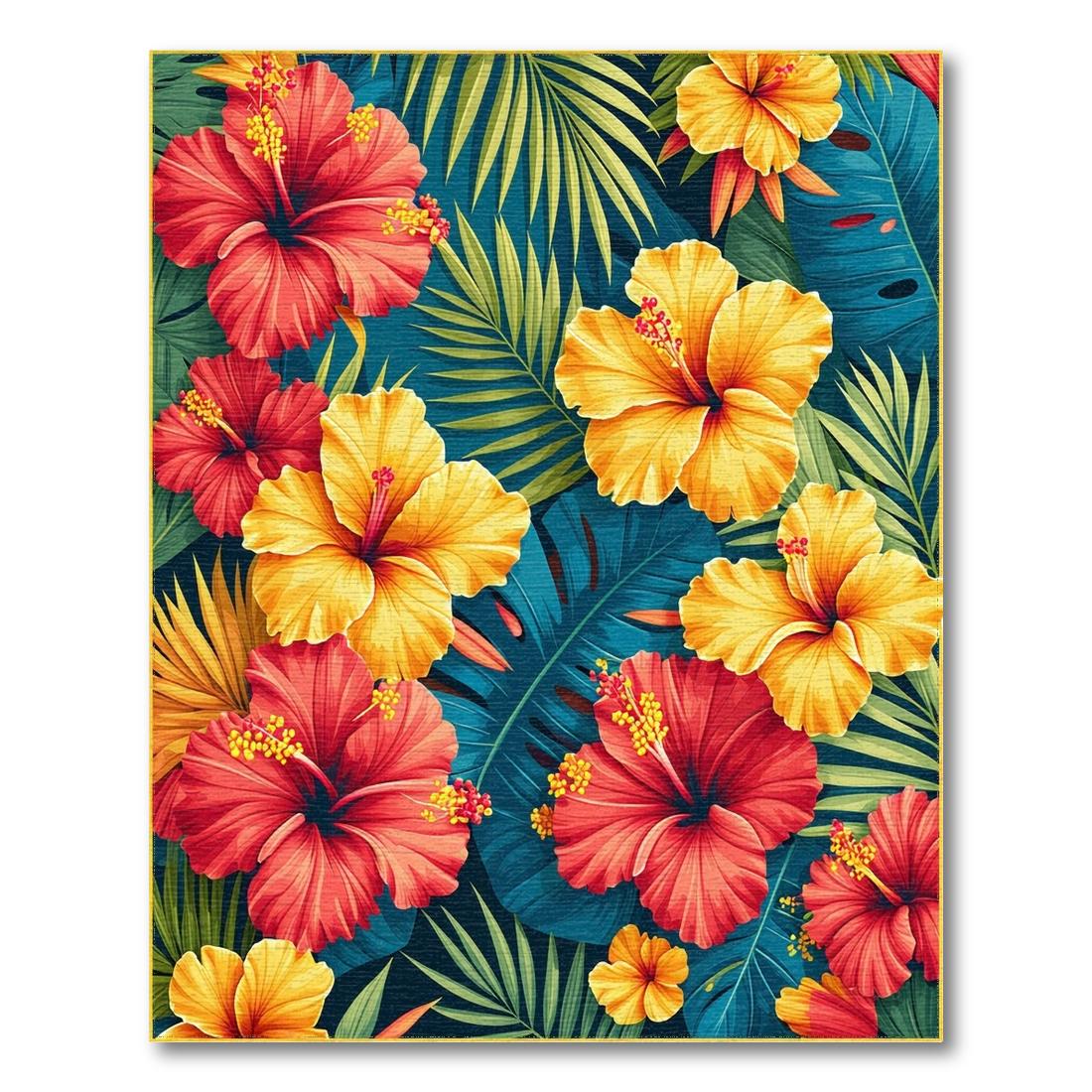 Vibrant Red & Yellow Tropical Floral Rug(Red)
