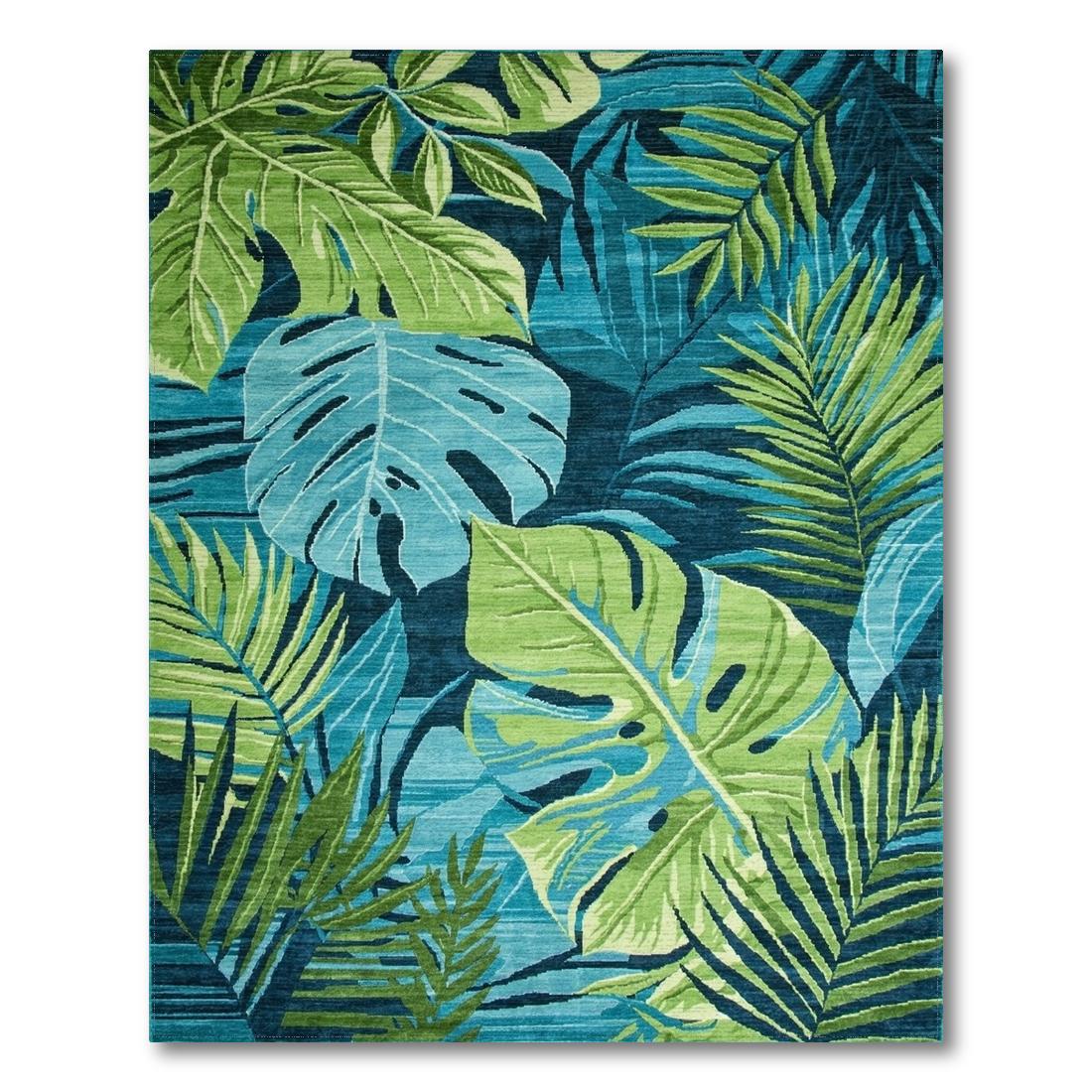 Vibrant Teal & Green Tropical Foliage Rug(Blue)