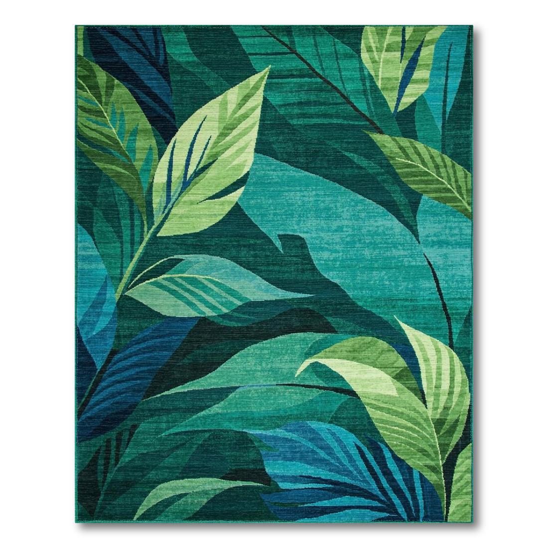Vibrant Teal Tropical Leaf Rug