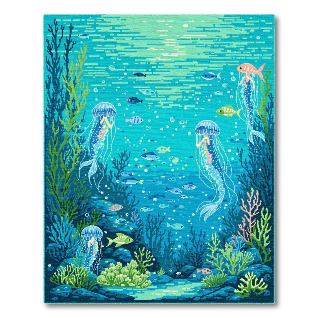 Vibrant Teal Whimsical Underwater Rug(Blue)