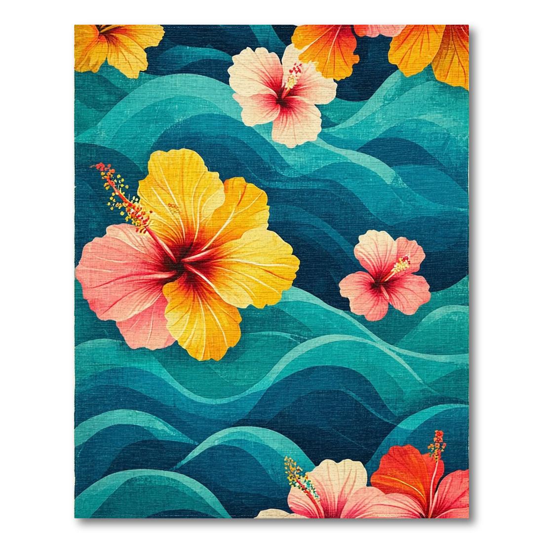 Vibrant Tropical Hibiscus Wave Rug(Blue)