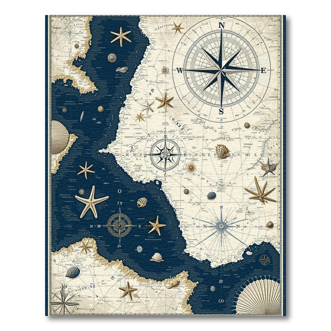 Vintage Nautical Map Navy Cream Adventure Rug(Blue)