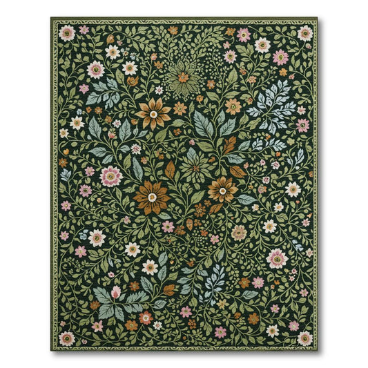 Whimsical Dark Green Floral Rug(Green)