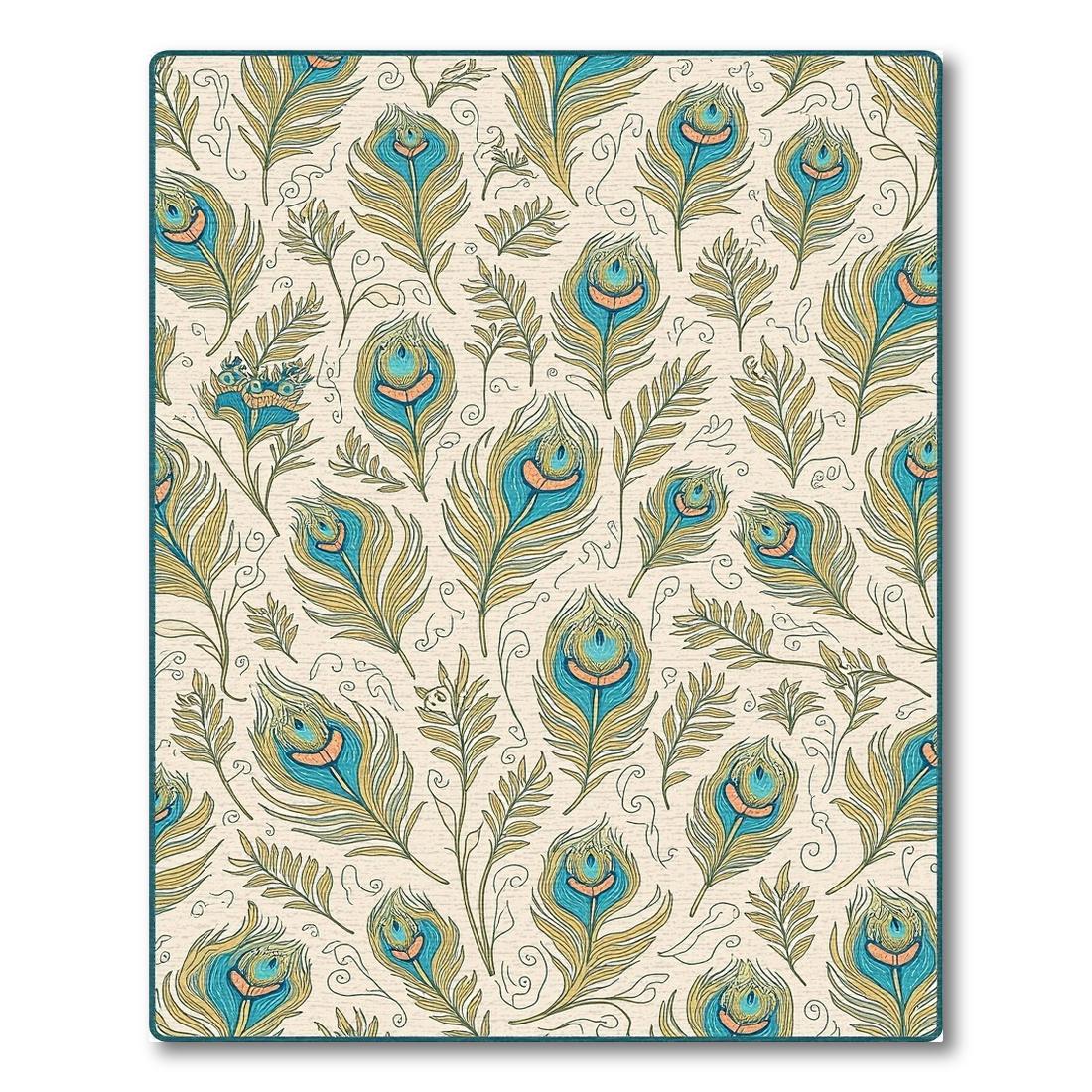 Whimsical Teal Gold Peacock Feather Rug(Ivory)