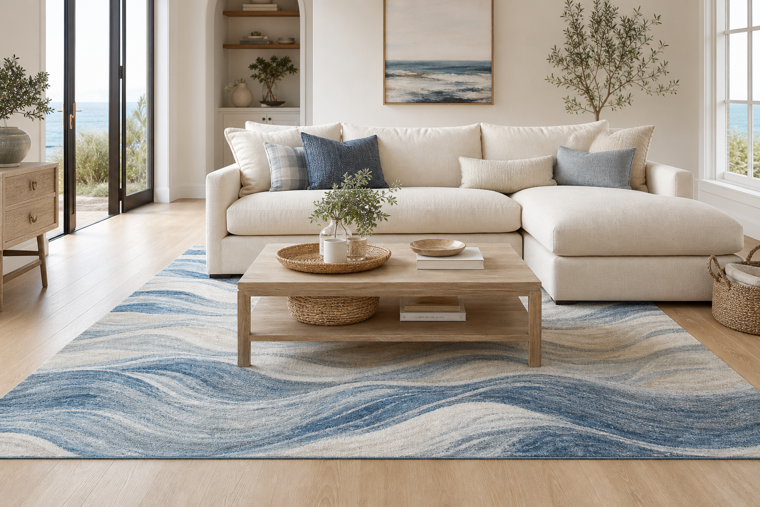 Blue wave rug correctly sized under a sofa in a calm living room